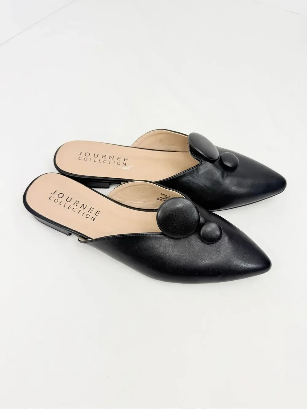 Journee Collection MALLORIE Black Vegan Leather Button Pointed Toe Slide Shoe